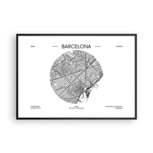 Póster en marco negro - Un mapa de Barcelona en estilo minimalista en blanco y negro - 100x70cm - Anatomía de Barcelona - Decoración de pared moderna para salón y dormitorio ARTTOR