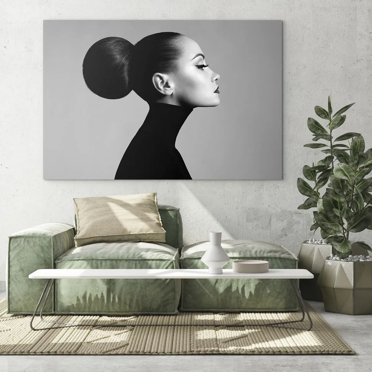 Cuadro sobre vidrio - Impresiones sobre Vidrio - Mujer elegante de negro sobre un fondo gris. - 120x80cm - Nefertiti contemporánea - Decoración de pared moderna para salón y dormitorio ARTTOR