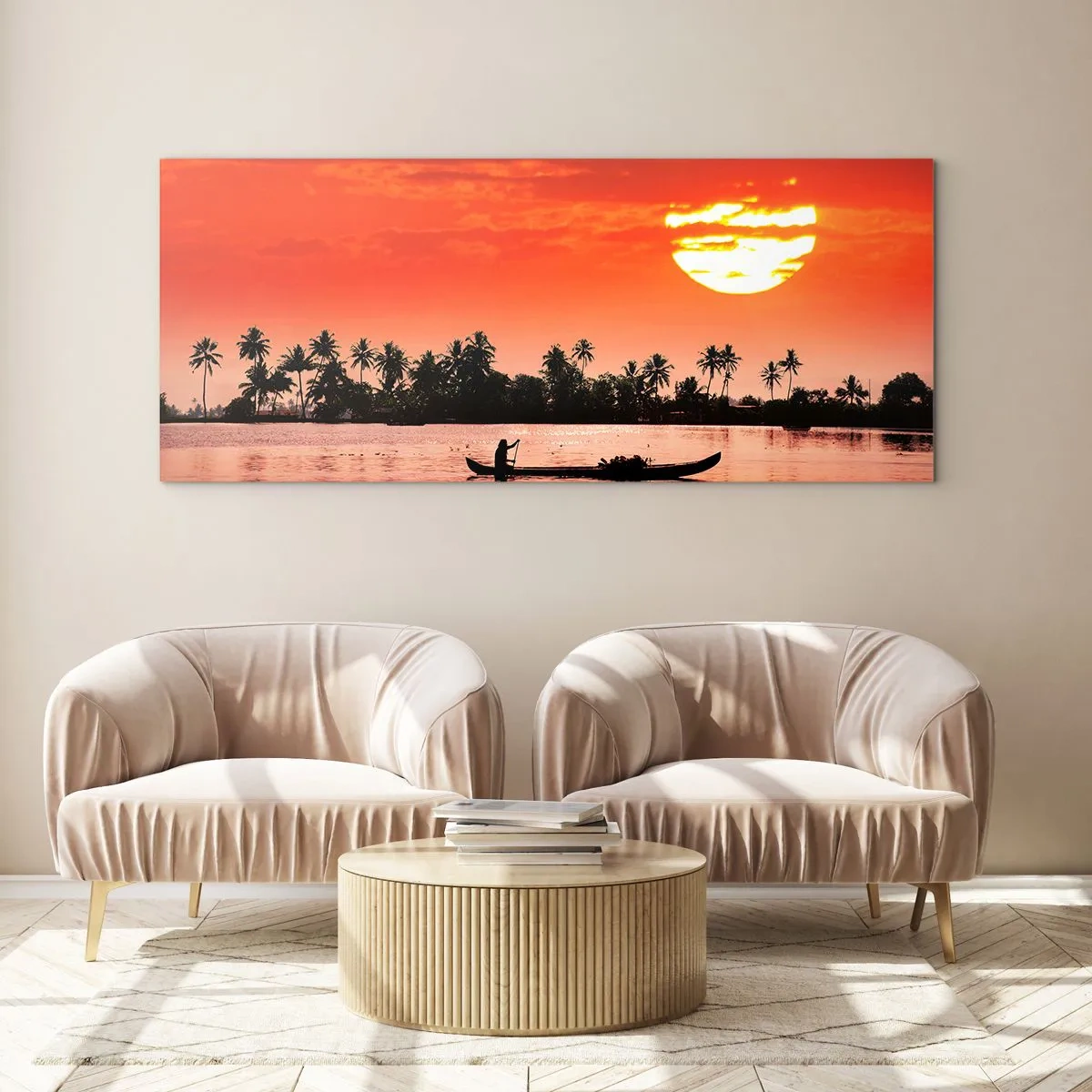Cuadro sobre vidrio - Impresiones sobre Vidrio - Atardecer tropical con un barco y palmeras al fondo - 120x50cm - La paz de los trópicos al atardecer - Decoración de pared moderna para salón y dormitorio ARTTOR