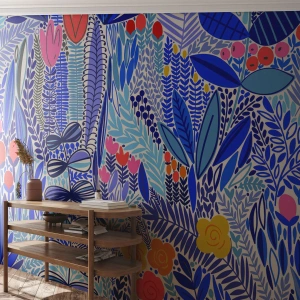Fotomural Premium Sand - Patrón de plantas coloridas en un estilo abstracto. - 100x70cm - Jardín hawaiano - Decoración de pared moderna para salón y dormitorio ARTTOR