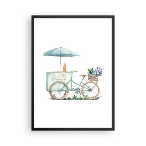 Póster en marco negro - Ilustración en acuarela de una bicicleta con helado y flores. - 50x70cm - Dulce recuerdo del verano - Decoración de pared moderna para salón y dormitorio ARTTOR