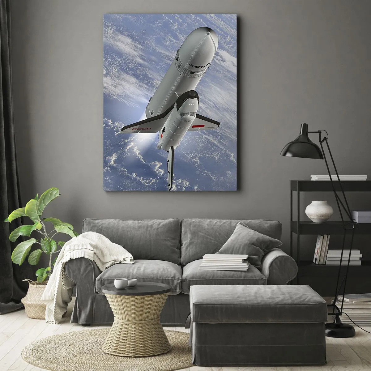 Cuadro sobre lienzo - Impresión de Imagen - Un cohete espacial elevándose contra el telón de fondo de la Tierra. - 80x120cm - Ascensión cósmica - Decoración de pared moderna para salón y dormitorio ARTTOR