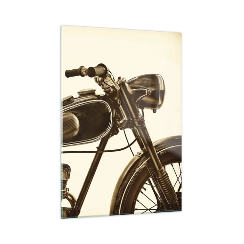 Cuadro sobre vidrio - Impresiones sobre Vidrio - Elegante motocicleta retro en tonos sepia sobre un fondo claro. - 50x70cm - Añoranza de los clásicos - Decoración de pared moderna para salón y dormitorio ARTTOR