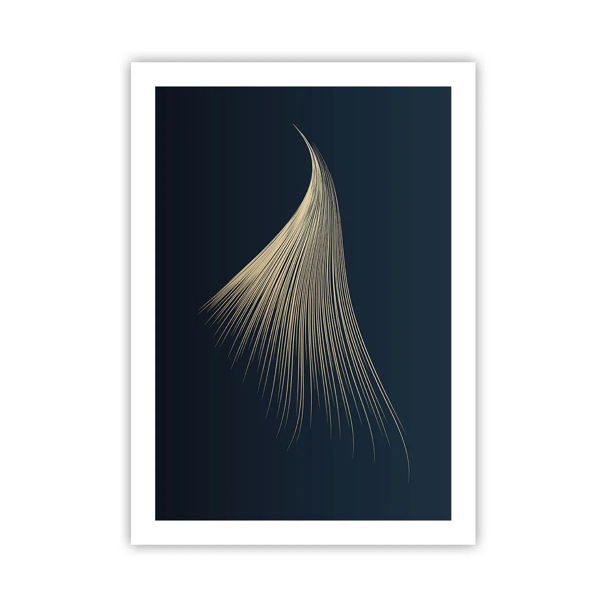 Póster - Una forma abstracta dorada que se asemeja a un mechón de cabello sobre un fondo azul marino. - 50x70cm - Como el cabello de un ángel - Decoración de pared moderna para salón y dormitorio ARTTOR