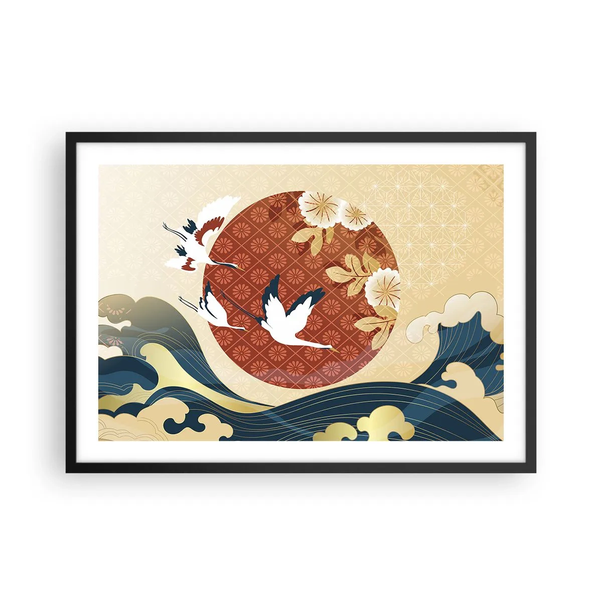 Póster en marco negro - Composición japonesa con grullas y olas. - 70x50cm - Un cuento de hadas japonés - Decoración de pared moderna para salón y dormitorio ARTTOR