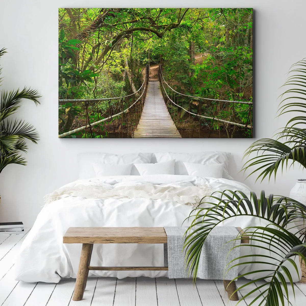 Cuadro sobre lienzo - Impresión de Imagen - Un puente colgante rodeado de una selva tropical verde. - 120x80cm - Porque la vid crece en el jardín - Decoración de pared moderna para salón y dormitorio ARTTOR