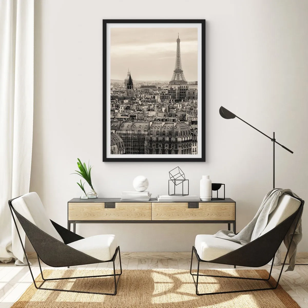 Póster en marco negro - Panorama de París con la Torre Eiffel en tonos sepia - 50x70cm - Sobre los tejados de París - Decoración de pared moderna para salón y dormitorio ARTTOR