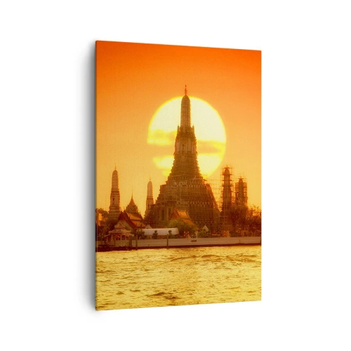 Cuadro sobre lienzo - Impresión de Imagen - Puesta de sol sobre el templo con reflejo en el agua. - 70x100cm - Hacia el sol, siempre hacia el sol - Decoración de pared moderna para salón y dormitorio ARTTOR