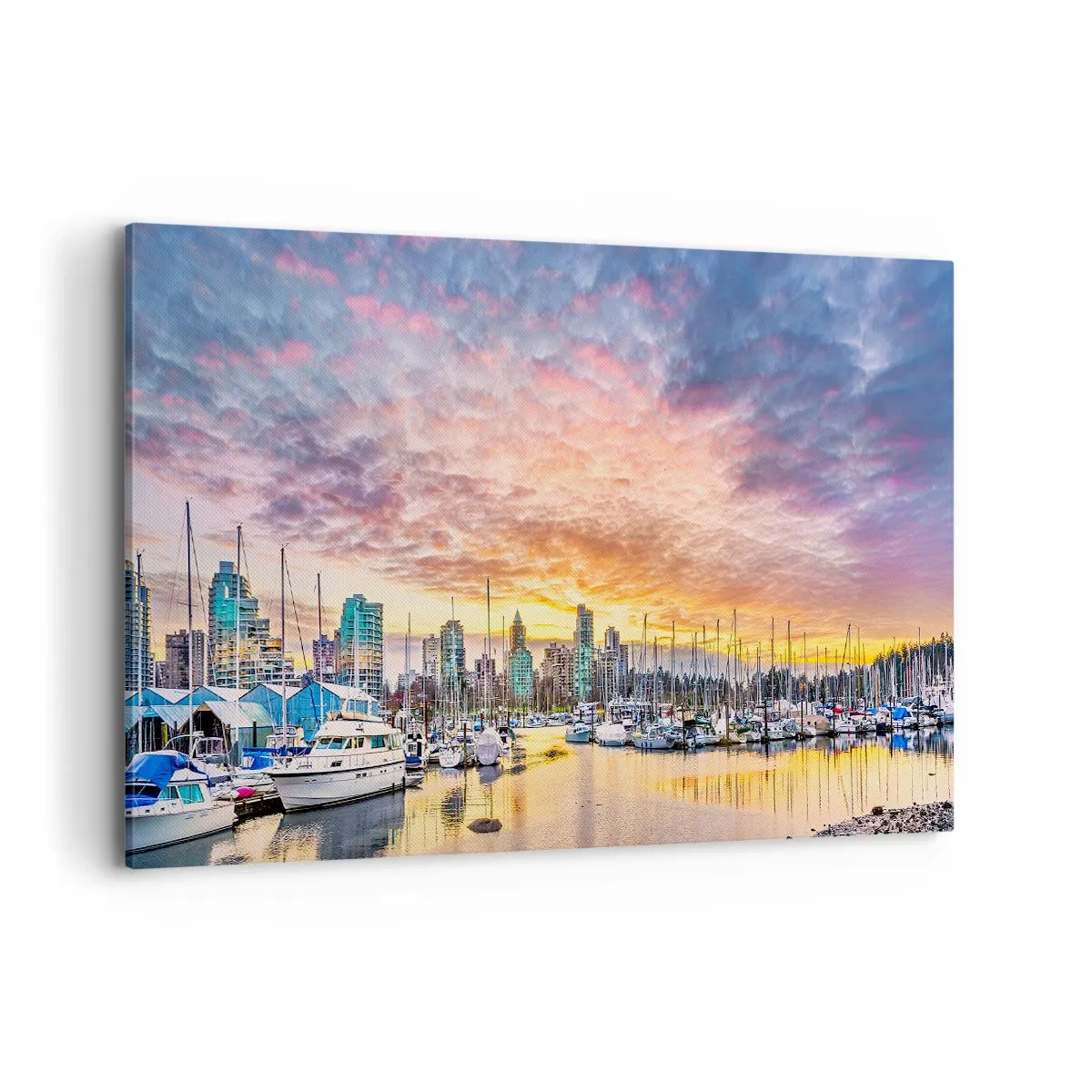 Cuadro sobre lienzo - Impresión de Imagen - Puerto deportivo con yates y paisaje urbano al atardecer - 120x80cm - Una ciudad de mil marineros - Decoración de pared moderna para salón y dormitorio ARTTOR