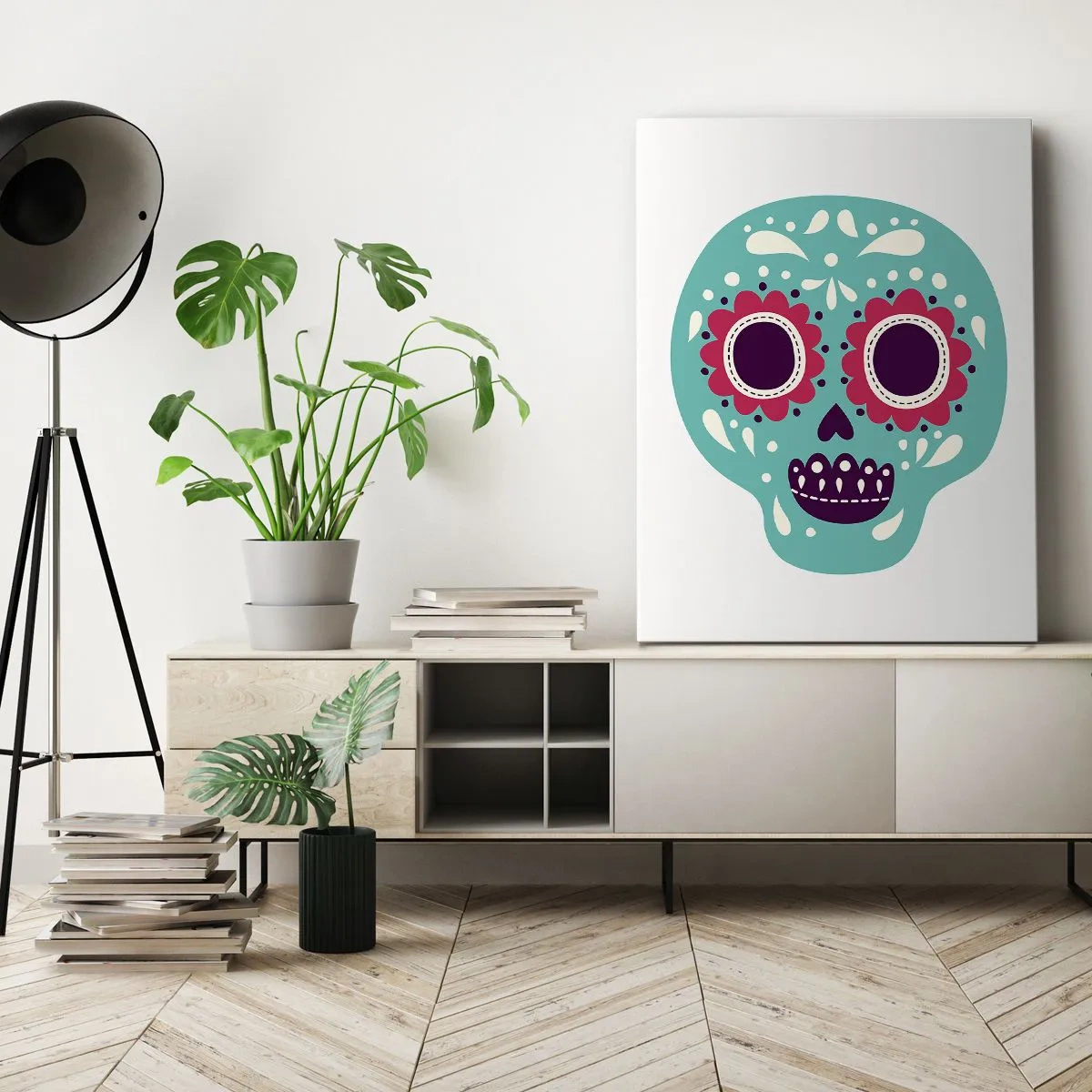 Cuadro sobre lienzo - Impresión de Imagen - Una calavera de azúcar turquesa y morada inspirada en la cultura mexicana. - 50x70cm - La vida: diversión hasta la muerte - Decoración de pared moderna para salón y dormitorio ARTTOR