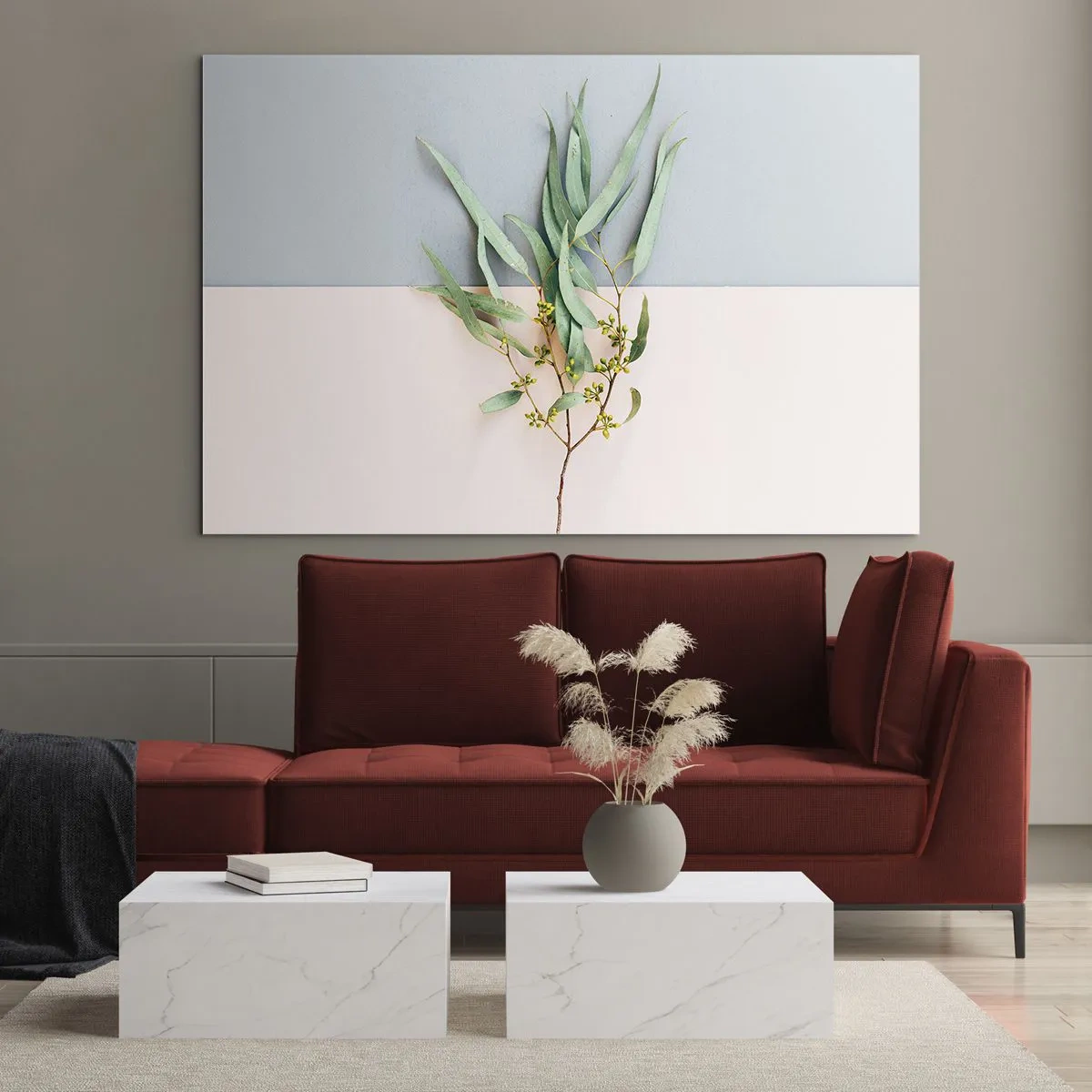 Cuadro sobre vidrio - Impresiones sobre Vidrio - Una ramita de eucalipto sobre un fondo pastel. - 70x50cm - La sutileza del pastel - Decoración de pared moderna para salón y dormitorio ARTTOR