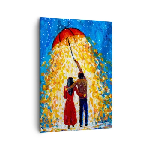 Cuadro sobre lienzo - Impresión de Imagen - Una pareja bajo un paraguas rojo bajo la lluvia luminosa. - 50x70cm - La magia de una tarde lluviosa - Decoración de pared moderna para salón y dormitorio ARTTOR