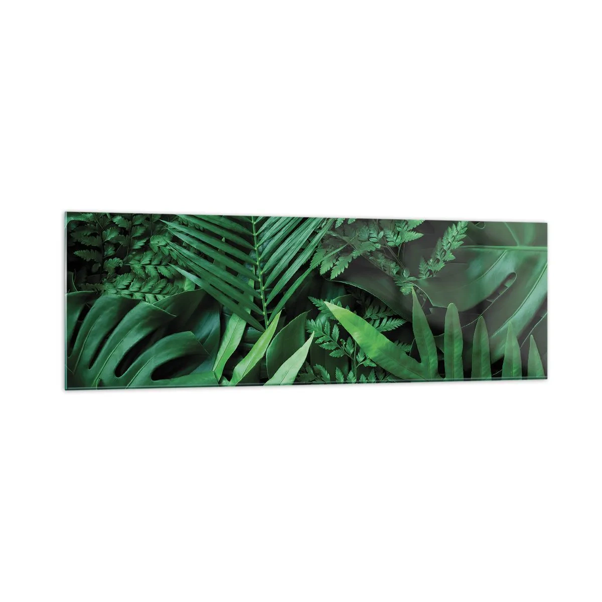 Cuadro sobre vidrio - Impresiones sobre Vidrio - Hojas tropicales verdes en una composición densa y natural. - 160x50cm - Abrazo verde - Decoración de pared moderna para salón y dormitorio ARTTOR