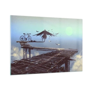 Cuadro sobre vidrio - Impresiones sobre Vidrio - Una figura con una bicicleta en un puente de madera sobre las nubes. - 100x70cm - Ícaro eternamente vivo - Decoración de pared moderna para salón y dormitorio ARTTOR