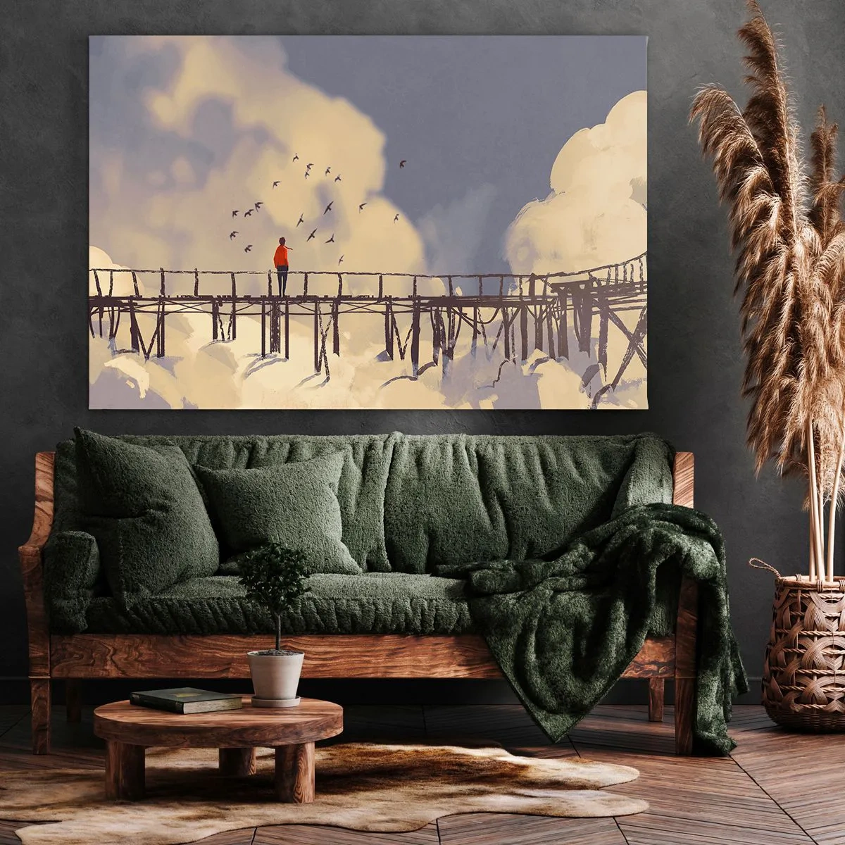 Cuadro sobre lienzo - Impresión de Imagen - Una figura en un puente entre nubes con pájaros en el cielo. - 70x50cm - Anhelo azul - Decoración de pared moderna para salón y dormitorio ARTTOR