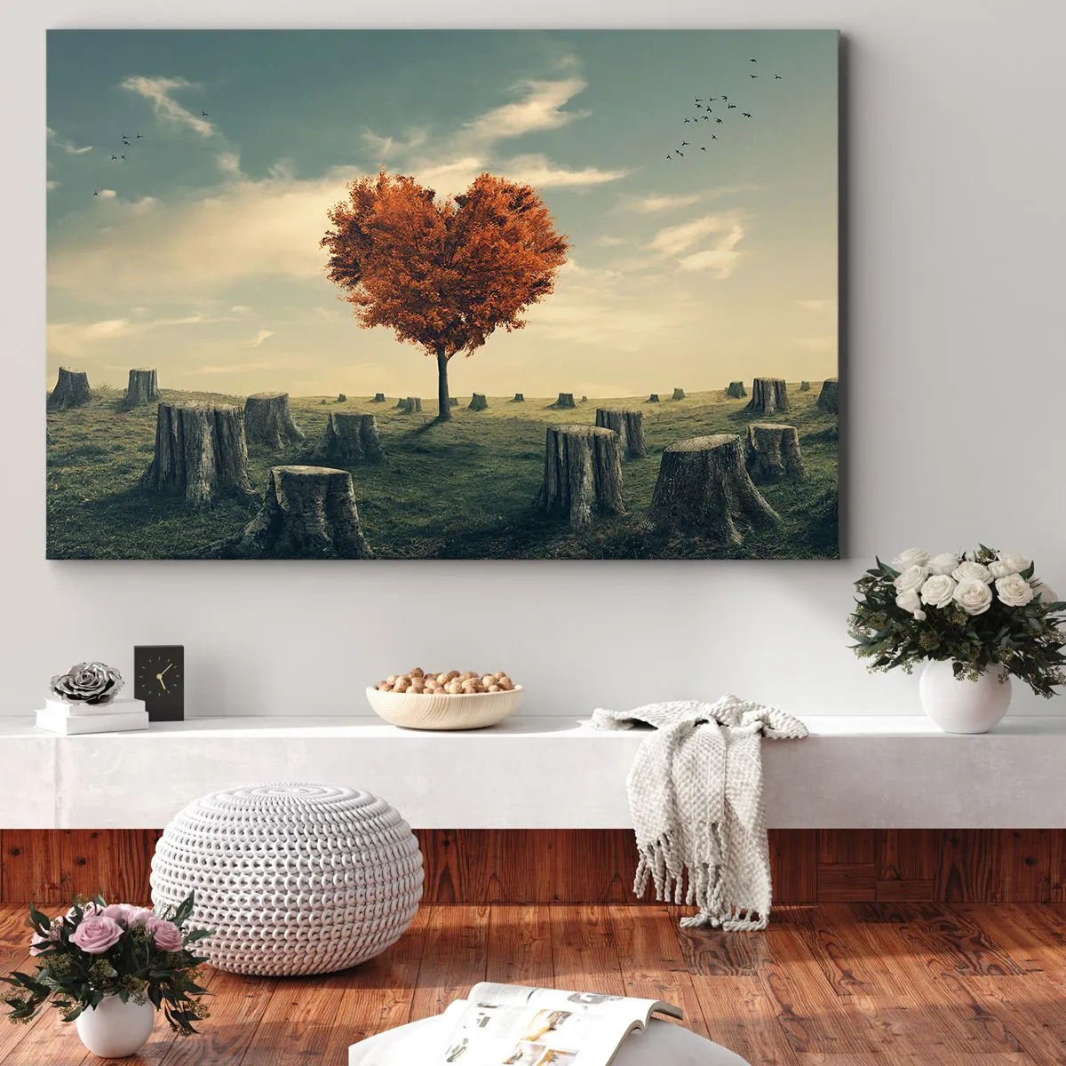 Cuadro sobre lienzo - Impresión de Imagen - Un árbol en forma de corazón en un campo de tocones, símbolo de esperanza. - 70x50cm - Todavía hay esperanza - Decoración de pared moderna para salón y dormitorio ARTTOR
