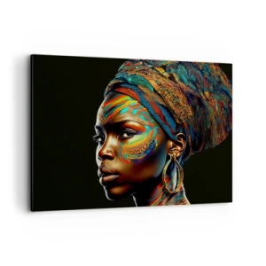 Cuadro sobre lienzo - Impresión de Imagen - Retrato de una mujer con un patrón colorido y un turbante. - 120x80cm - Reina africana - Decoración de pared moderna para salón y dormitorio ARTTOR