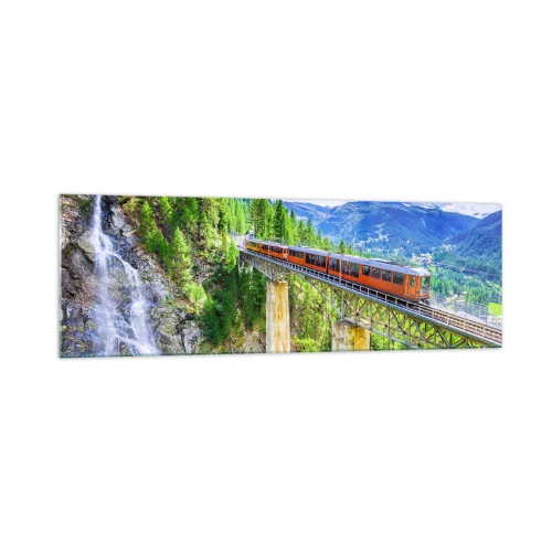 Cuadro sobre vidrio - Impresiones sobre Vidrio - Una montaña rusa en un puente con vistas a una cascada y montañas. - 160x50cm - Ferrocarril a los Alpes - Decoración de pared moderna para salón y dormitorio ARTTOR