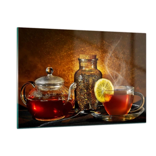 Cuadro sobre vidrio - Impresiones sobre Vidrio - Una tetera de cristal y una taza de té con limón. - 120x80cm - Al estilo de los maestros holandeses - Decoración de pared moderna para salón y dormitorio ARTTOR