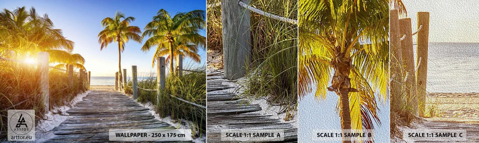 Muestra de fotomural Premium Sand - Directo al paraíso - Paisaje, Palmera de cocos, Playa - 100x30 cm