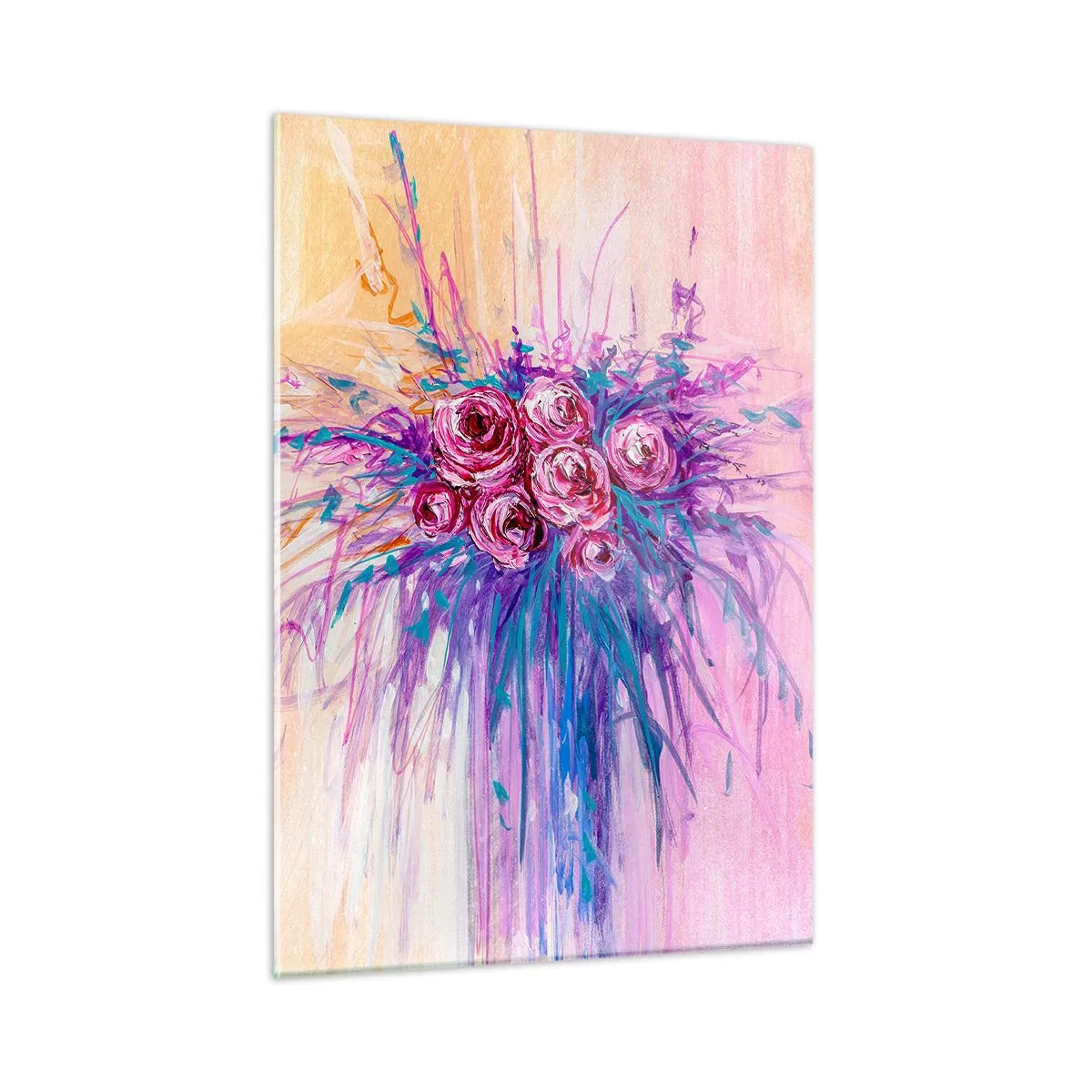 Cuadro sobre vidrio - Impresiones sobre Vidrio - Un ramo de rosas en tonos rosa y morado sobre un fondo pastel. - 50x70cm - Fuente de rosas - Decoración de pared moderna para salón y dormitorio ARTTOR