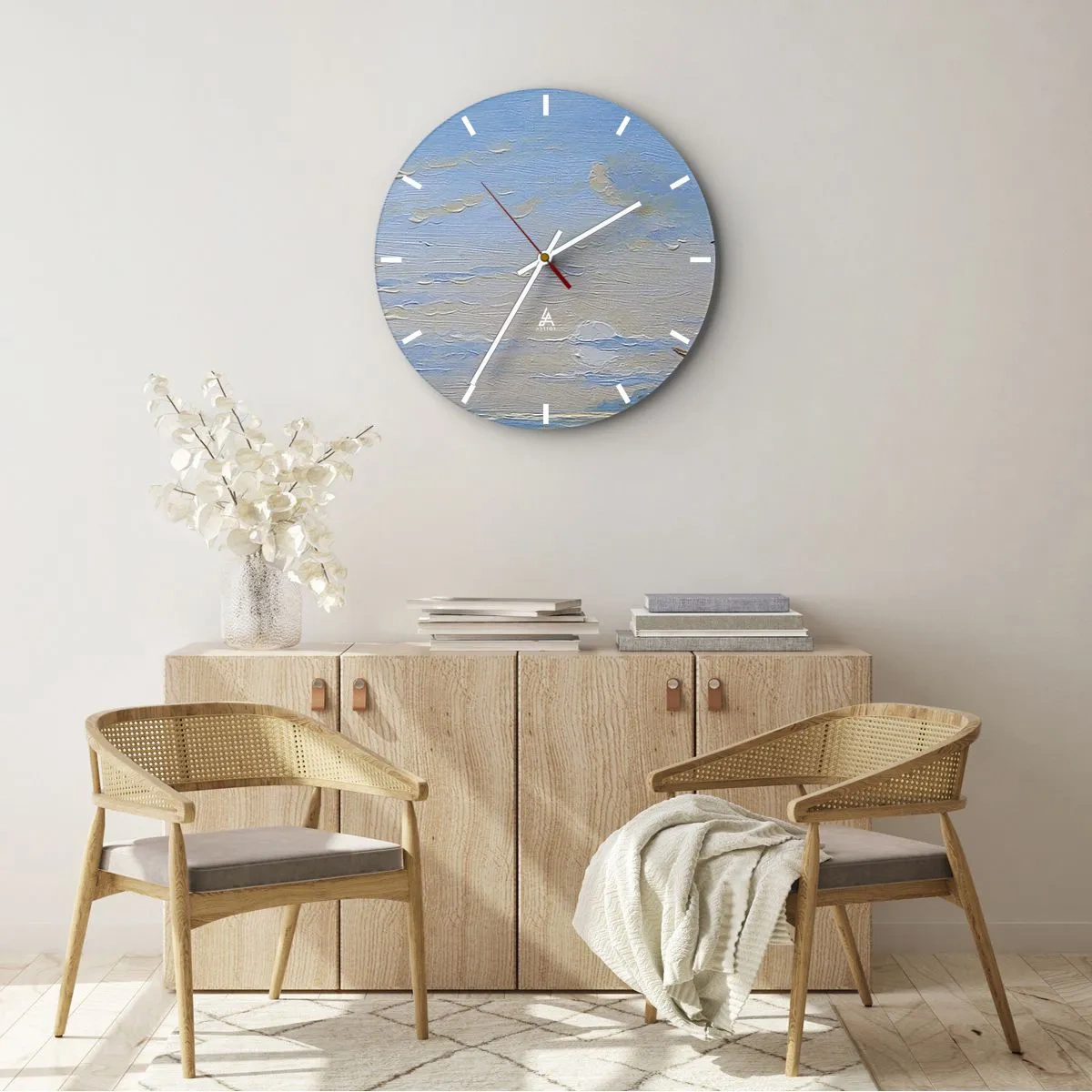 Reloj de pared - Reloj de vidrio - Un velero en la orilla con gente contra el cielo y el mar de fondo. - 30x30cm - Agua, tierra, aire - Decoración de pared moderna para salón, cocina y dormitorio ARTTOR