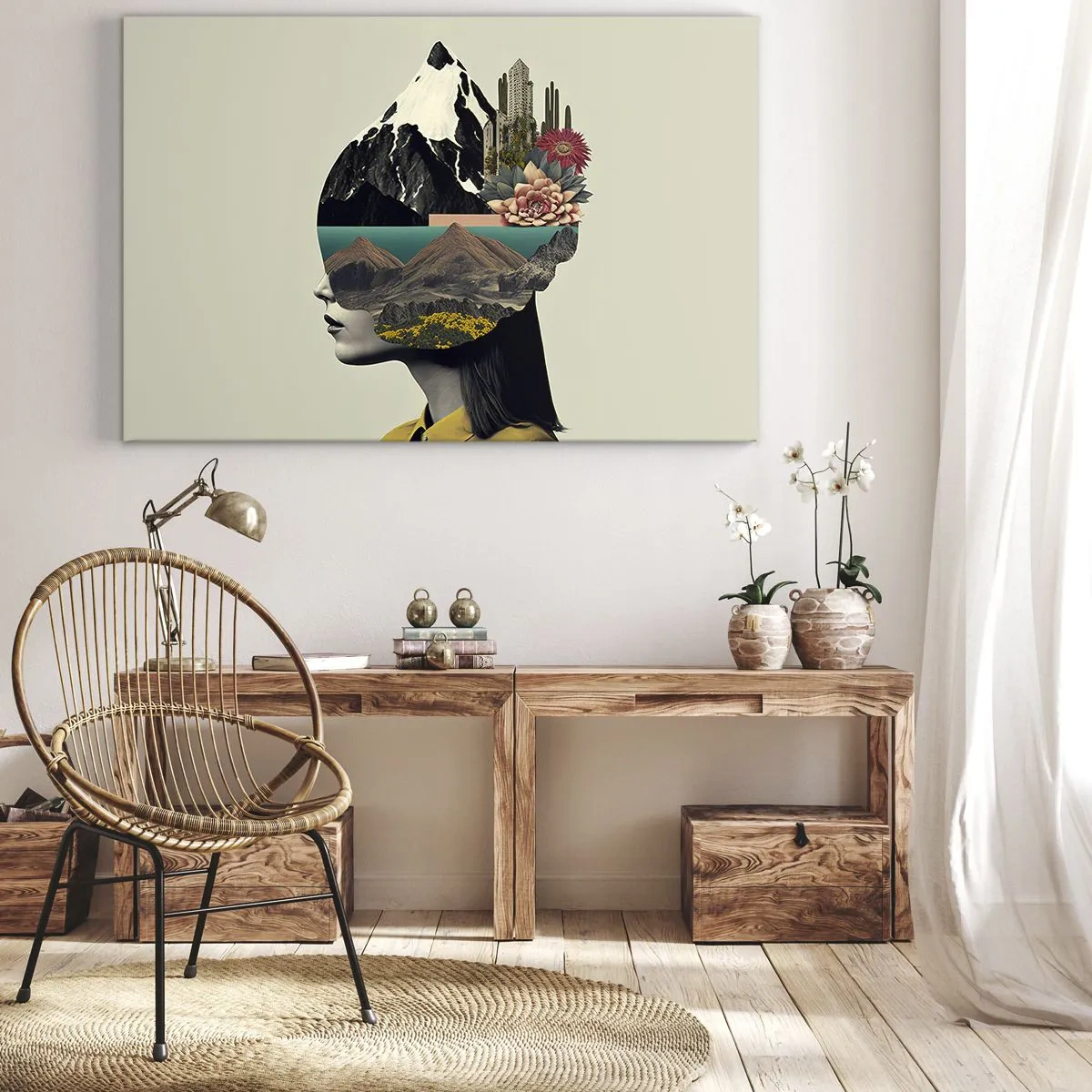 Cuadro sobre lienzo - Impresión de Imagen - Collage de una mujer con un paisaje de montaña y flores. - 70x50cm - La mujer, siempre un misterio - Decoración de pared moderna para salón y dormitorio ARTTOR