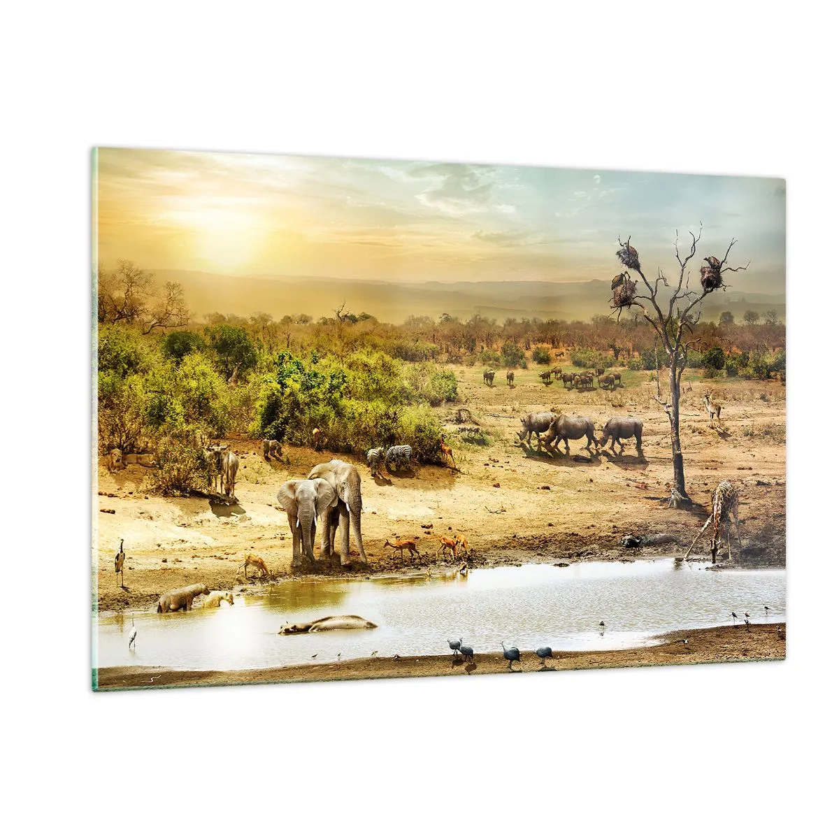 Cuadro sobre vidrio - Impresiones sobre Vidrio - Elefantes y animales en un abrevadero con un paisaje africano como telón de fondo. - 120x80cm - Y del Edén fluyó un río... - Decoración de pared moderna para salón y dormitorio ARTTOR