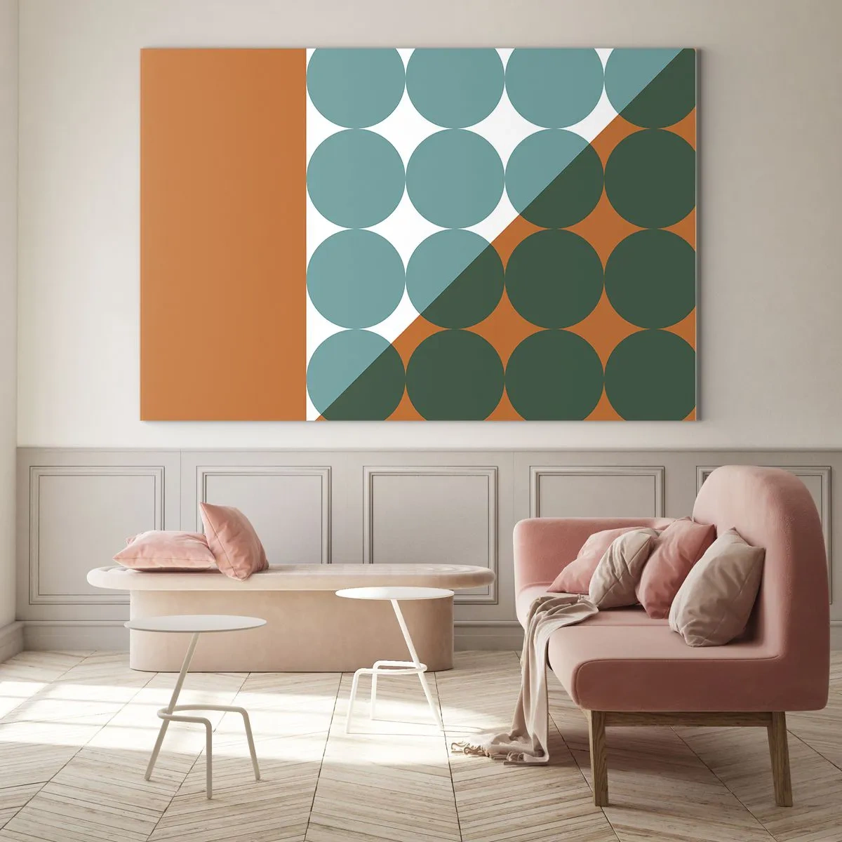 Cuadro sobre vidrio - Impresiones sobre Vidrio - Composición geométrica abstracta con círculos y un triángulo. - 70x50cm - Hacia arriba y en diagonal - Decoración de pared moderna para salón y dormitorio ARTTOR