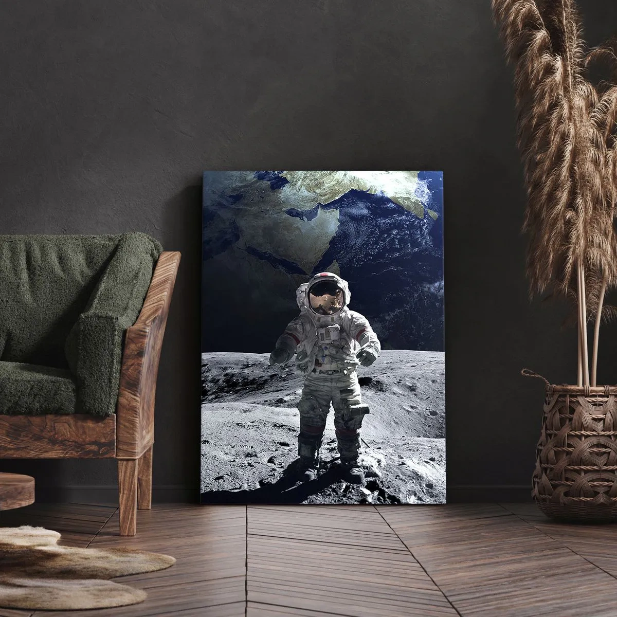 Cuadro sobre lienzo - Impresión de Imagen - Astronauta en la superficie de la Luna con la Tierra al fondo - 50x70cm - Saludos desde la Luna - Decoración de pared moderna para salón y dormitorio ARTTOR