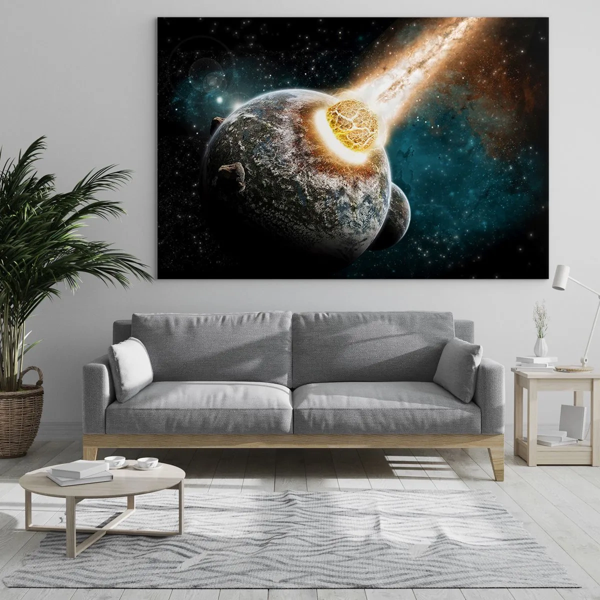 Cuadro sobre vidrio - Impresiones sobre Vidrio - Un planeta colisionando con un meteorito - 120x80cm - ¿Condena o nacimiento? - Decoración de pared moderna para salón y dormitorio ARTTOR
