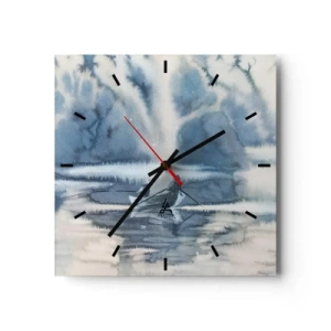 Reloj de pared - Reloj de vidrio - Paisaje de acuarela con barcos en un lago rodeado de un bosque brumoso. - 30x30cm - Pescadores en su paraíso - Decoración de pared moderna para salón y dormitorio ARTTOR