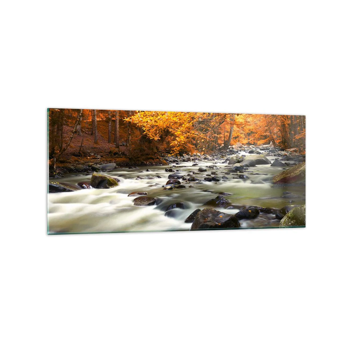 Cuadro sobre vidrio - Impresiones sobre Vidrio - Un arroyo en un bosque otoñal rodeado de hojas doradas. - 120x50cm - Un arroyo en un bosque dorado - Decoración de pared moderna para salón y dormitorio ARTTOR