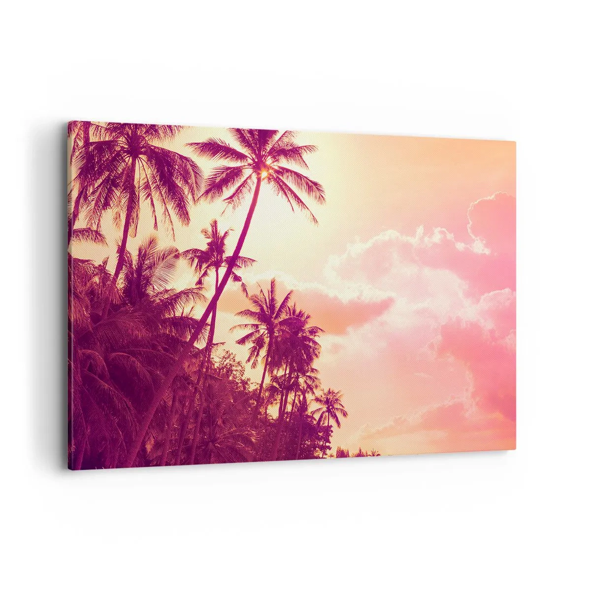 Cuadro sobre lienzo - Impresión de Imagen - Palmeras iluminadas por el sol poniente en un cielo tropical - 120x80cm - Debes elegir - Decoración de pared moderna para salón y dormitorio ARTTOR