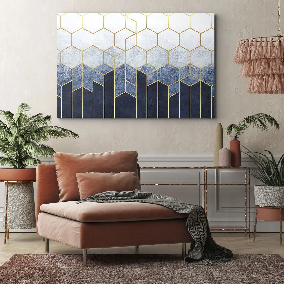 Cuadro sobre lienzo - Impresión de Imagen - Patrón geométrico en tonos dorados y azul marino. - 70x50cm - Composición rítmica visual - Decoración de pared moderna para salón y dormitorio ARTTOR