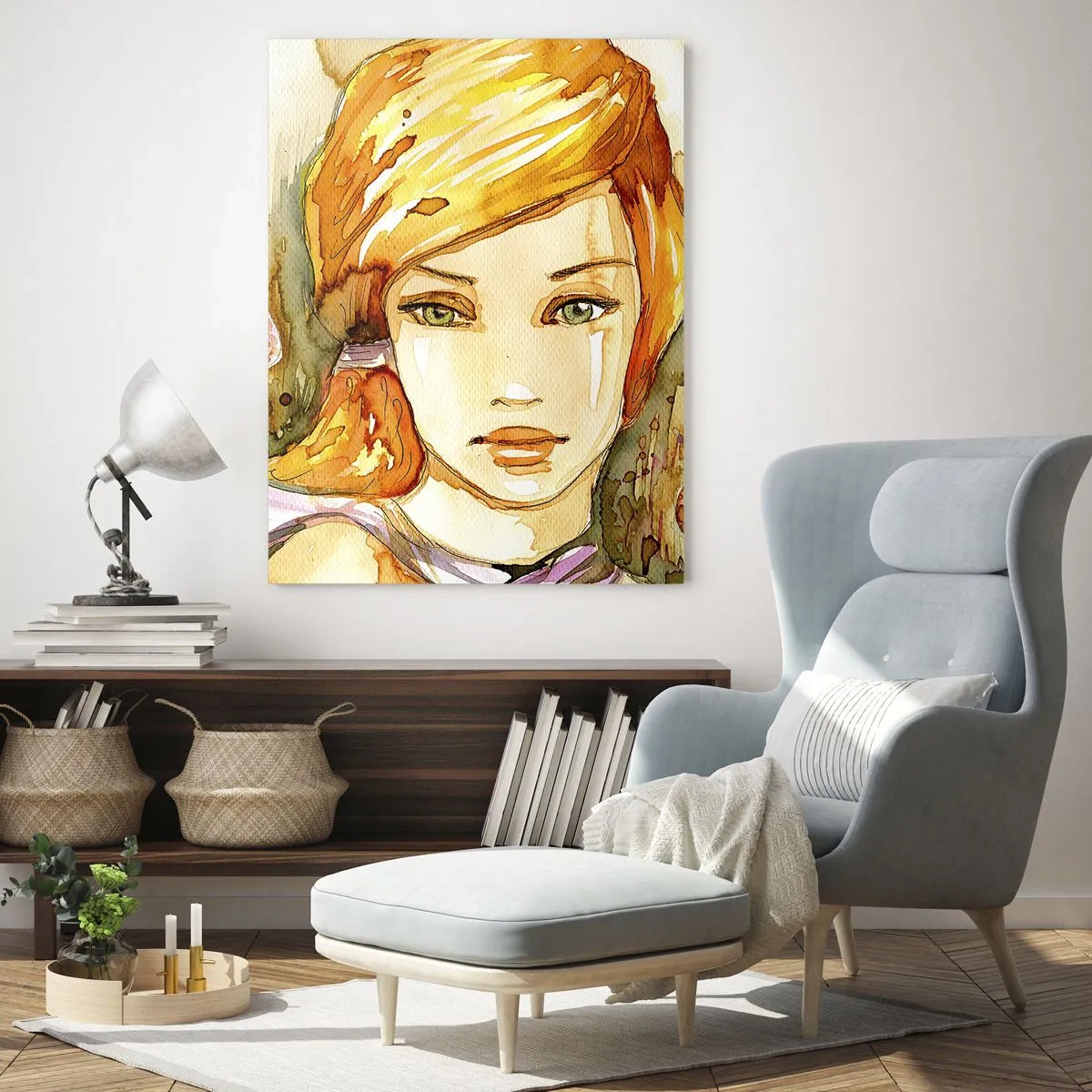Cuadro sobre vidrio - Impresiones sobre Vidrio - Retrato de una mujer en estilo acuarela con abstracción. - 50x70cm - Una mirada que calma el alma - Decoración de pared moderna para salón y dormitorio ARTTOR