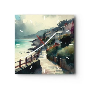 Reloj de pared - Reloj de vidrio - Paseo marítimo con casas y vegetación - 30x30cm - Ciudad mediterránea - Decoración de pared moderna para salón y dormitorio ARTTOR