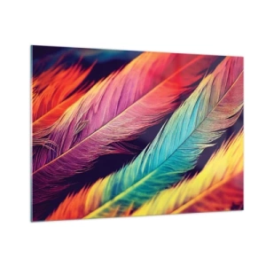 Cuadro sobre vidrio - Impresiones sobre Vidrio - Plumas de colores en intensos tonos arcoíris. - 100x70cm - Arco iris plumoso - Decoración de pared moderna para salón y dormitorio ARTTOR