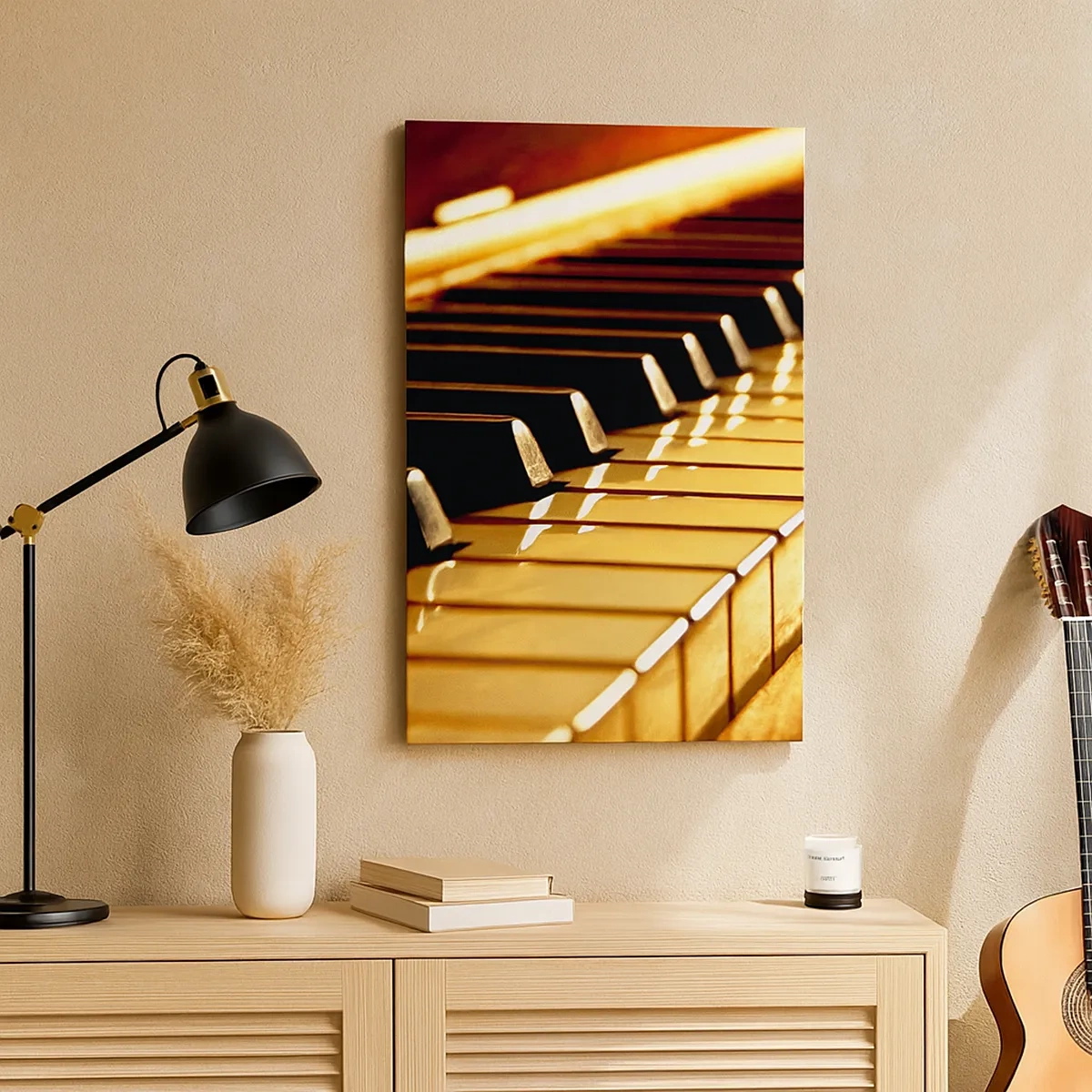 Cuadro sobre lienzo - Impresión de Imagen - Teclado de piano con iluminación dorada - 50x70cm - Posibilidades ilimitadas - Decoración de pared moderna para salón y dormitorio ARTTOR