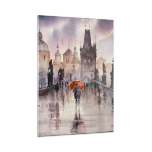 Cuadro sobre vidrio - Impresiones sobre Vidrio - Caminando bajo la lluvia por un puente con un paraguas naranja - 50x70cm - La gente no cambia - Decoración de pared moderna para salón y dormitorio ARTTOR