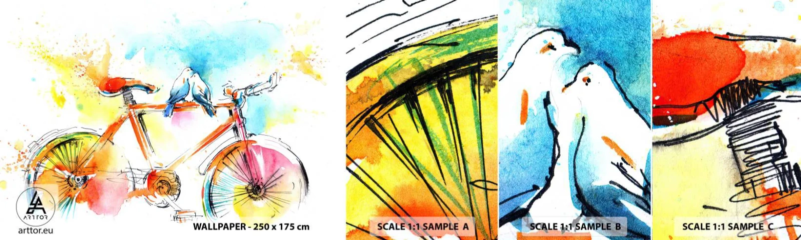 Muestra de fotomural autoadhesivo Deluxe Sticker - Dos en bicicleta - Abstracción, Bicicleta, Aves - 100x30 cm
