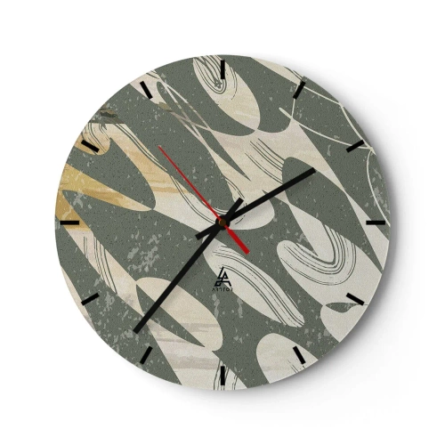 Reloj de pared - Reloj de vidrio - Formas orgánicas y rítmicas sobre un fondo oliva. - 30x30cm - Abstracción rítmica - Decoración de pared moderna para salón, cocina y dormitorio ARTTOR