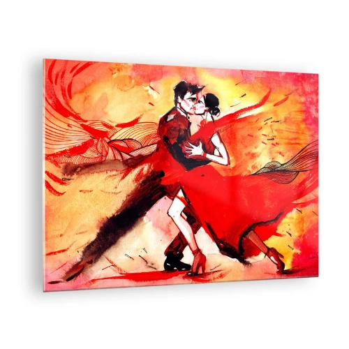 Cuadro sobre vidrio - Impresiones sobre Vidrio - Una pareja bailando en una composición roja dinámica. - 70x50cm - Ritmo púrpura de la pasión - Decoración de pared moderna para salón y dormitorio ARTTOR