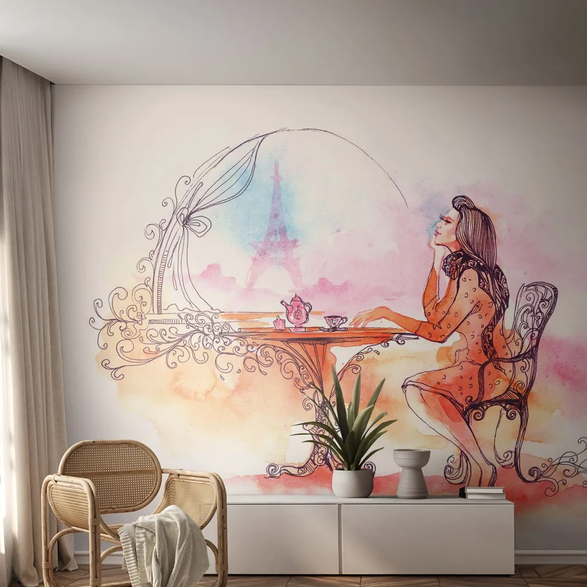 Fotomural Premium Sand - Una mujer romántica en una mesa con vistas a la torre. - 100x70cm - Estilo parisino - Decoración de pared moderna para salón y dormitorio ARTTOR