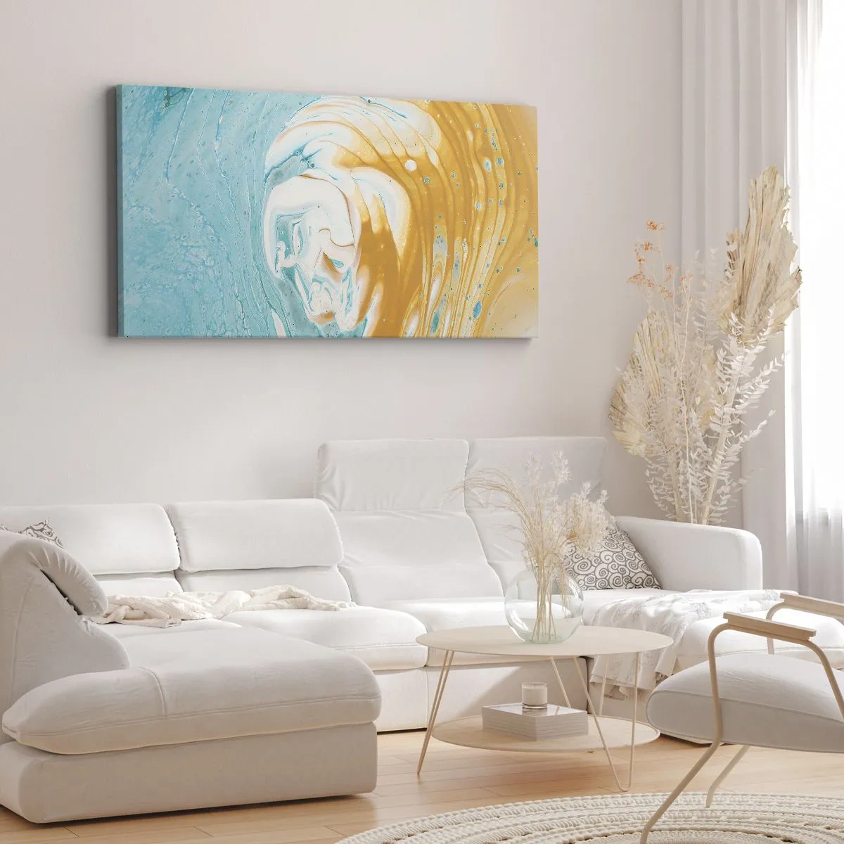 Cuadro sobre lienzo - Impresión de Imagen - Ondas abstractas en tonos azules y dorados sobre lienzo. - 140x50cm - Remolino pastel - Decoración de pared moderna para salón y dormitorio ARTTOR