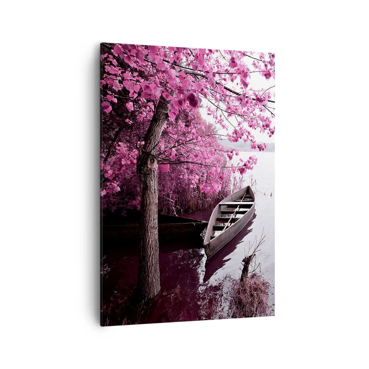 Cuadro sobre lienzo - Impresión de Imagen - Un barco en la orilla de un lago entre árboles rosados. - 70x100cm - En el silencio rosa - Decoración de pared moderna para salón y dormitorio ARTTOR