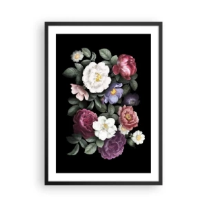 Póster en marco negro - Un ramo de flores sobre un fondo negro en estilo vintage. - 50x70cm - De un jardín inglés - Decoración de pared moderna para salón y dormitorio ARTTOR