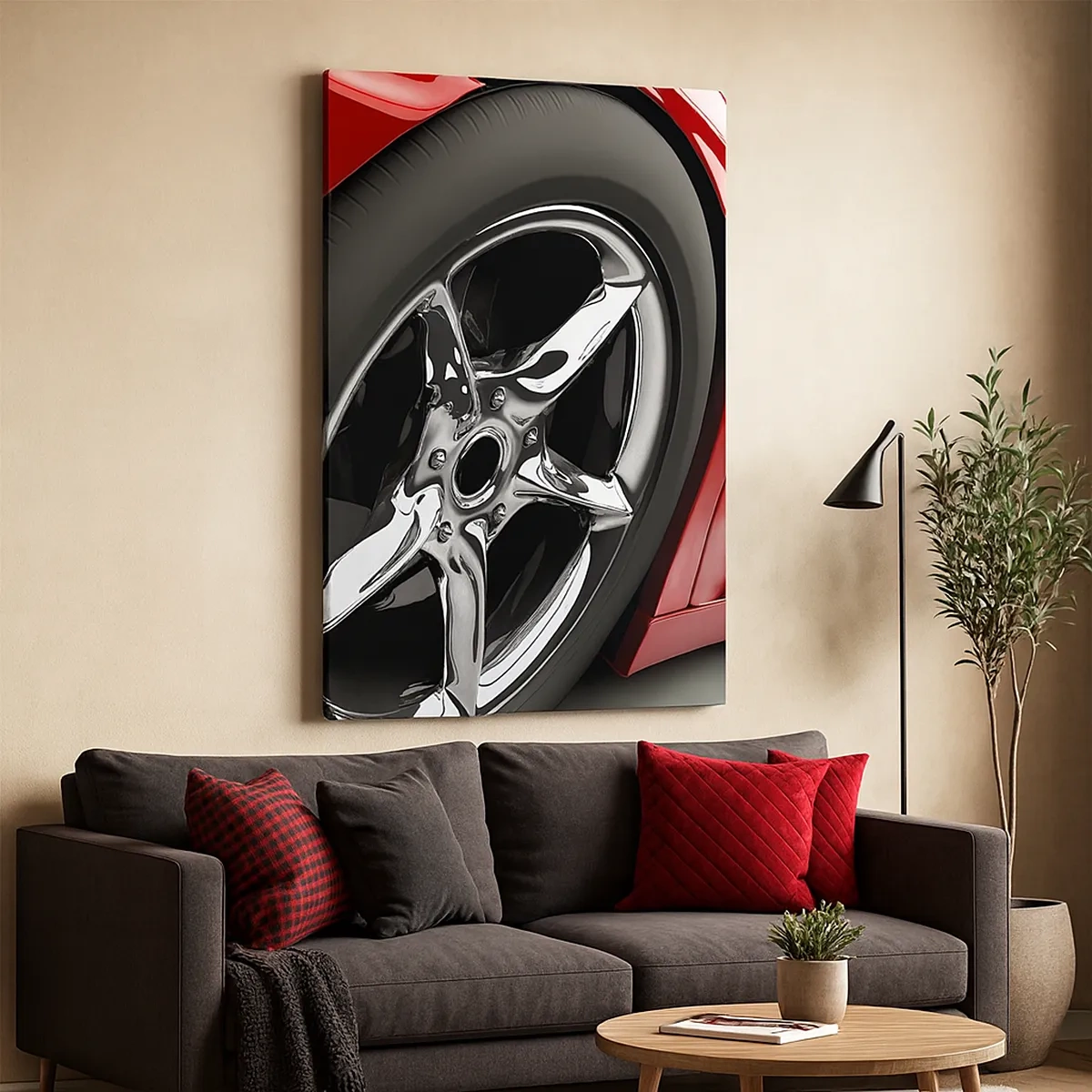 Cuadro sobre lienzo - Impresión de Imagen - Coche deportivo rojo con ruedas cromadas - 50x70cm - Creado para la velocidad - Decoración de pared moderna para salón y dormitorio ARTTOR