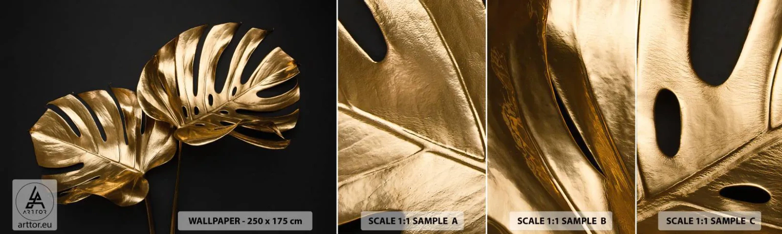 Muestra de fotomural autoadhesivo Deluxe Sticker - Tesoros de la naturaleza - Abstracción, Hojas doradas, hoja de monstera - 100x30 cm