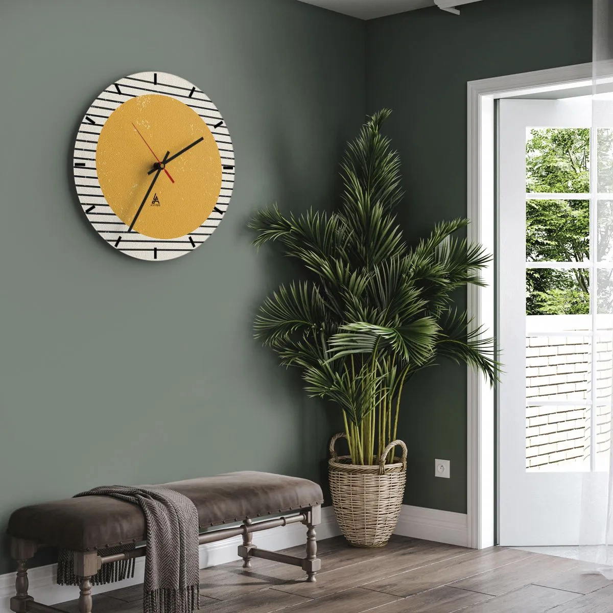 Reloj de pared - Reloj de vidrio - Un círculo naranja sobre un fondo de rayas blancas y negras. - 30x30cm - El poder de la sencillez - Decoración de pared moderna para salón, cocina y dormitorio ARTTOR